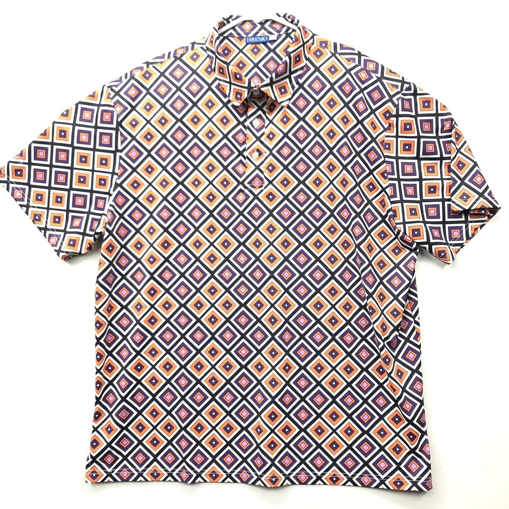 Hreski Golf Polo Shirt XL Abstract Geometric  Diamond Stretch Performance Orange
